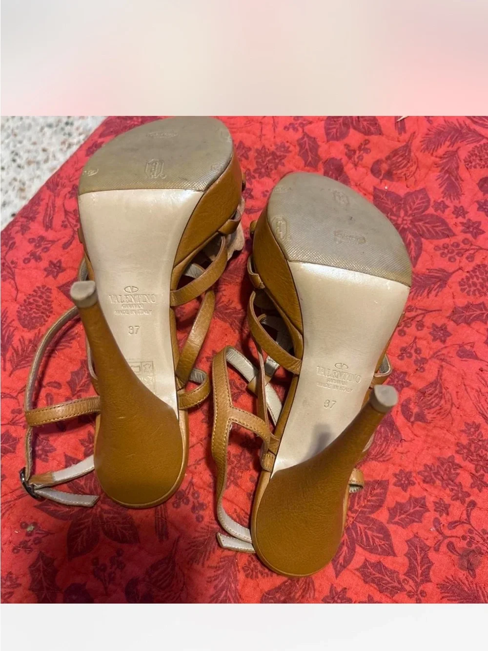 Valentino Brown Leather Floral Strappy Heels